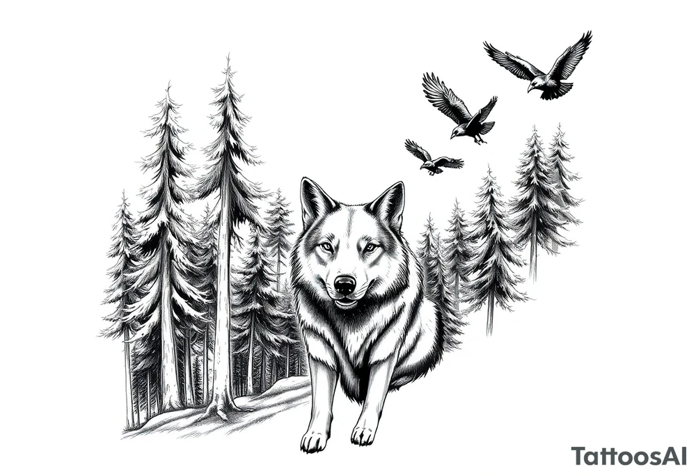Densely wooded area with tall pine trees with a large wolf in the foreground looking straight forward, and four ravens flying overhead tattoo idea