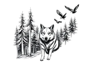 Densely wooded area with tall pine trees with a large wolf in the foreground looking straight forward, and four ravens flying overhead tattoo idea