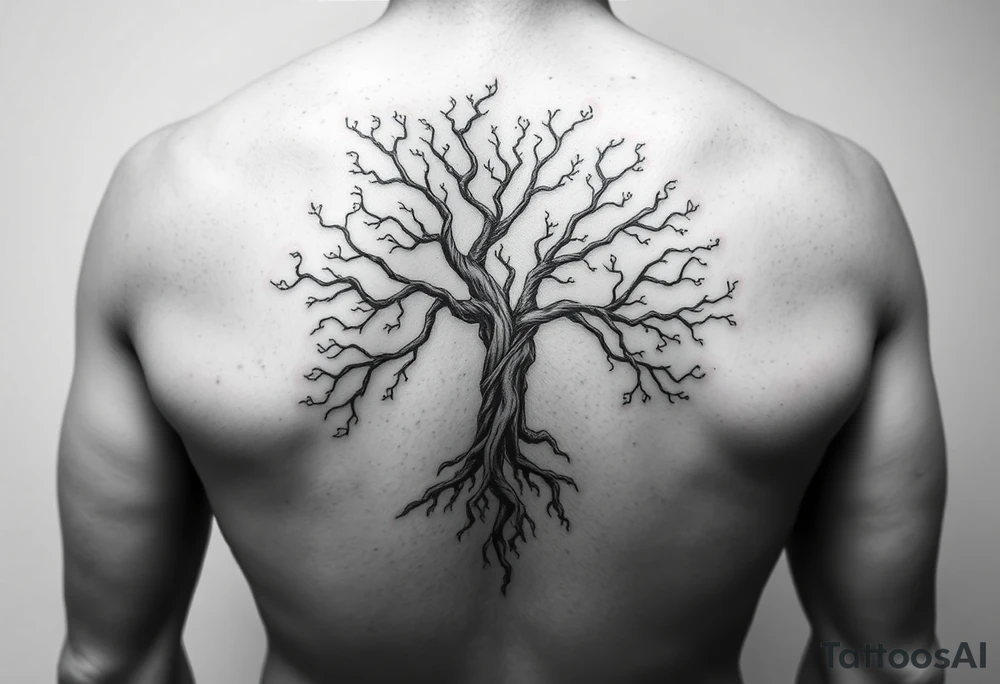 Flowing asymmetrical symbolic tree quarter sleeve on shoulder. Should not look realistic. Combination of tree of Gondor and Yggdrasil. tattoo idea