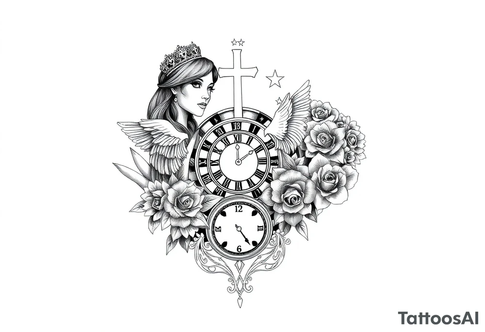 Roulette casino and princess and jesus on cross, baby angels, roses and clock and stars and fish, crown tattoo idea