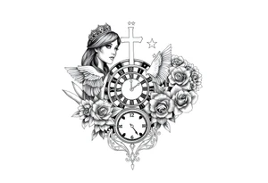 Roulette casino and princess and jesus on cross, baby angels, roses and clock and stars and fish, crown tattoo idea