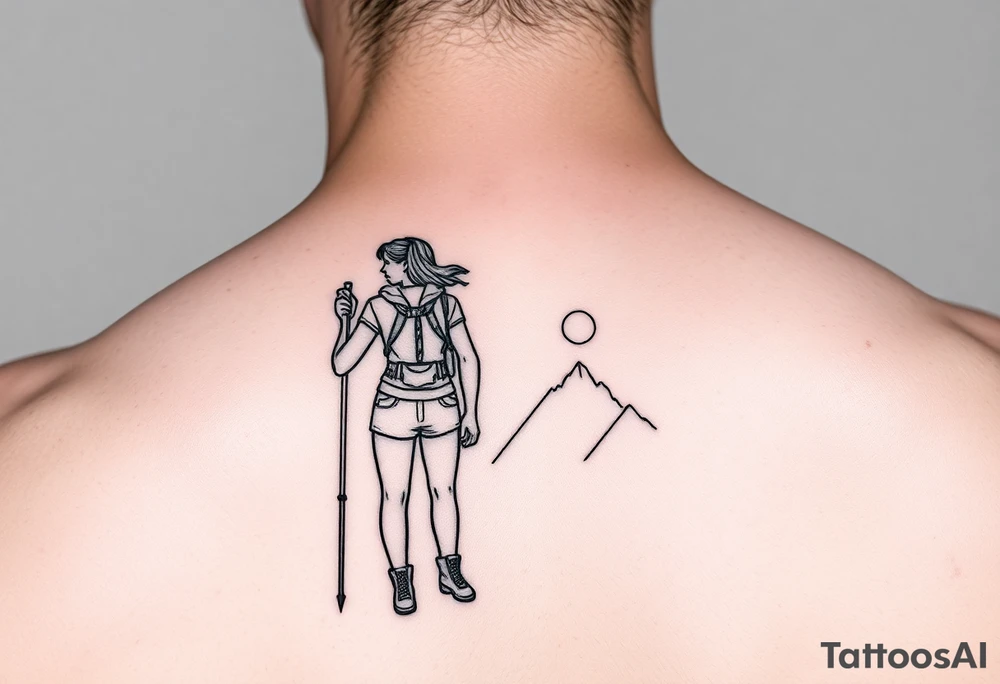 one fine line tattoo with a woman holding hiking poles and hiking tattoo idea