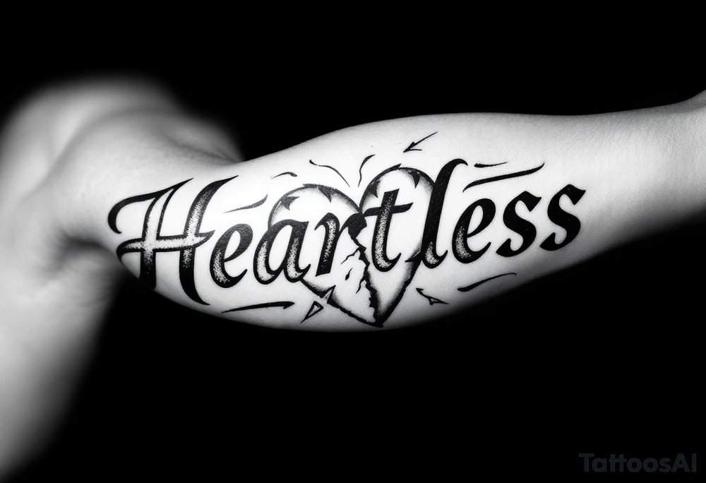 Broken heartHeartless words written in majuscule with broken real heart design tattoo idea