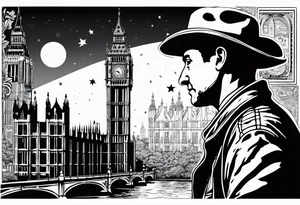 Old London with Big Ben, houses, street, man with hat and the moon tattoo idea