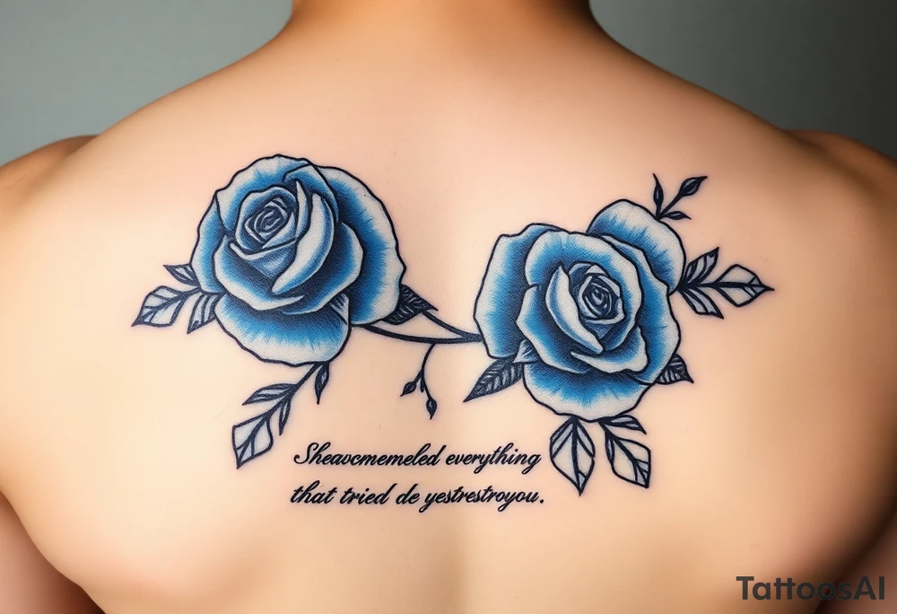 blue roses with the quote “ She overcame everything that tried to destroy her “ tattoo idea