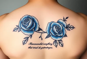 blue roses with the quote “ She overcame everything that tried to destroy her “ tattoo idea