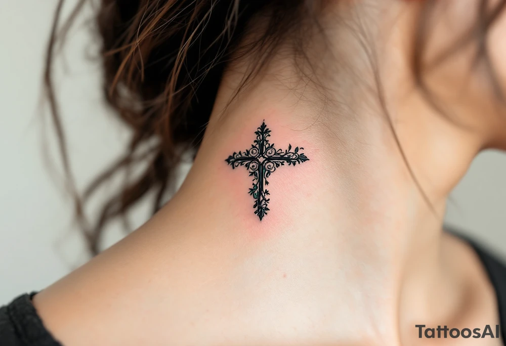 Geometric Cross with Floral Details – A small black geometric cross with intricate vines and roses curling around the arms, shaded with light gray and deep green. tattoo idea