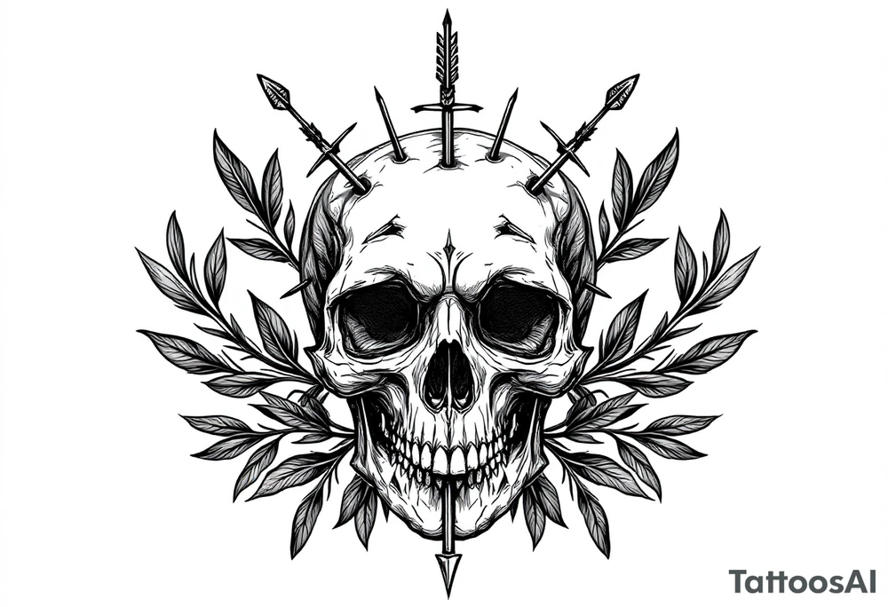 a skull whose head  be pierced by needles and under the head come out an  arrow and surrounded  by two olive tree leaf around tattoo idea