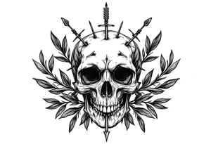 a skull whose head  be pierced by needles and under the head come out an  arrow and surrounded  by two olive tree leaf around tattoo idea