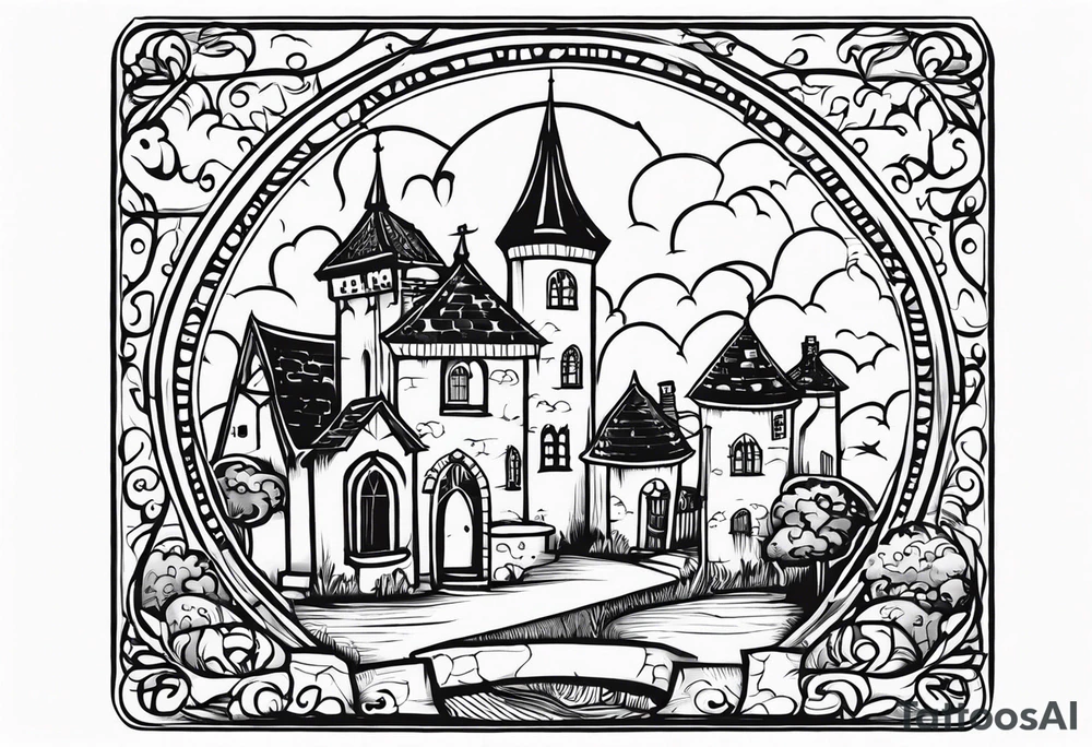 sacred medieval town houses open gate towers garden circle vignette surrounded by clouds tattoo idea