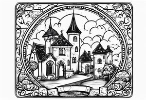 sacred medieval town houses open gate towers garden circle vignette surrounded by clouds tattoo idea