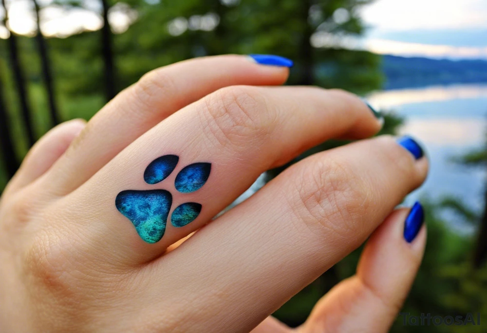 I want a tattoo with a realistic paw print, including lifelike texture and shading, especially on the nails. Inside the paw print, there's a detailed nature scene: mountains, a lake, a stream, and southern oak trees with wide canopies like a traditional southern background. Keep the peeks of the mountains soft. The sun peeks over the mountains, shining and reflecting over the land and water, with realistic shading for depth. Around the paw print, l'd like a splotchy, fading background for a natural, textured look, but without any animals. The overall style should be detailed and realistic, with strong shading and dimension. No color and very realistic in the paw. tattoo idea