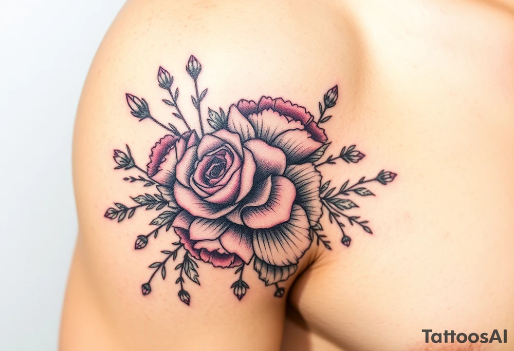 vintage bouquet of wild roses and meadow flowers with morning dew tattoo idea