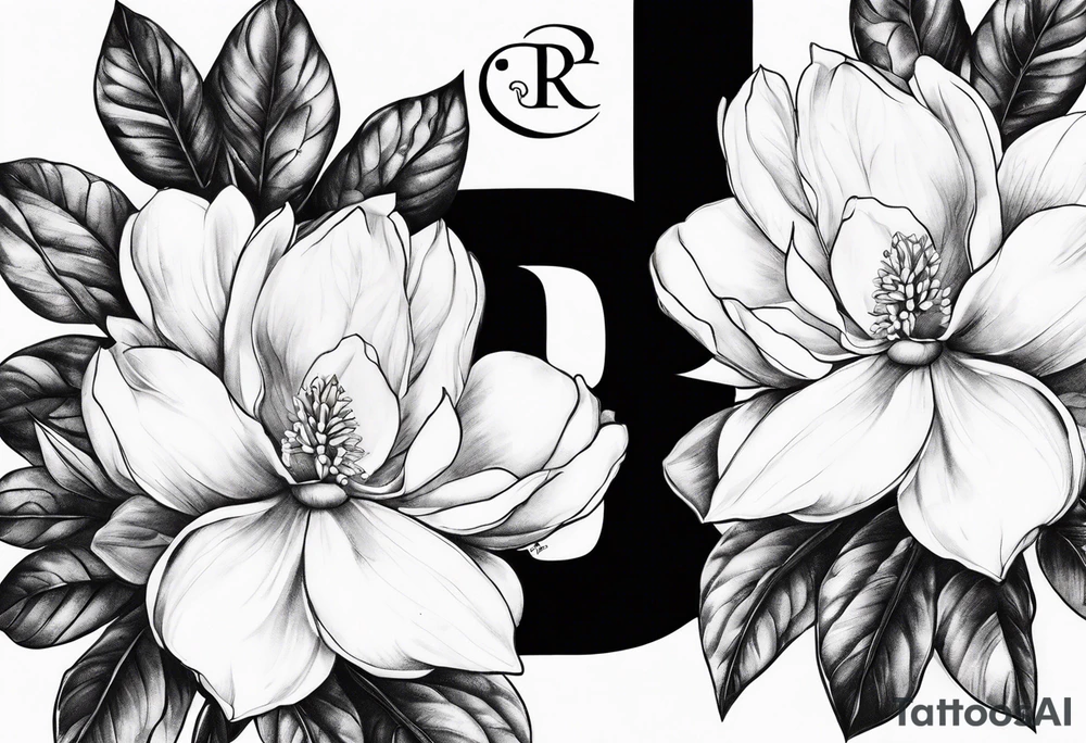 Initials R, E and J designed into a magnolia tattoo idea