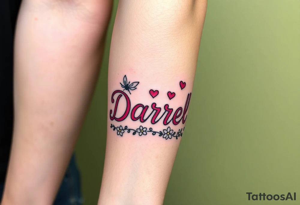 "Darrell" in 1 in cute font, inner forearm from elbow to wrist, whimsical, bright neon colors, surrounded with hearts, flowers and fairies tattoo idea