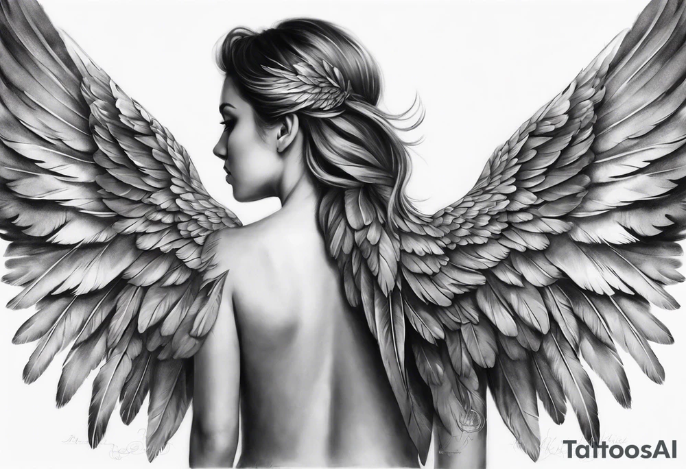 Realistic angel wings extending from the shoulders, covering the upper arms and upper back. The feathers are intricately detailed, with soft shading in black and gray to create depth and texture. The wings gently converge in the middle of the back, forming a harmonious and cohesive design. tattoo idea
