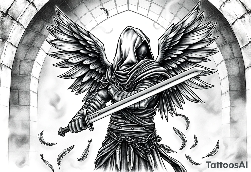 A hooded warrior-angel with obsidian armor wrapped in chains, wielding a glowing sword against a backdrop of ancient stone archways filled with swirling smoke. Burning feathers fall around the figure while ethereal light filters through the arch. tattoo idea