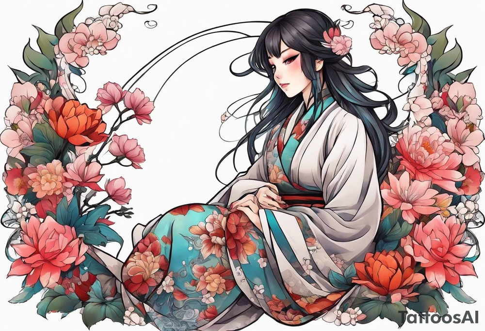 an anime girl sitting sideway on a asian monster surrounded by flowers tattoo idea