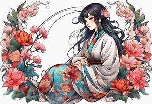 an anime girl sitting sideway on a asian monster surrounded by flowers tattoo idea