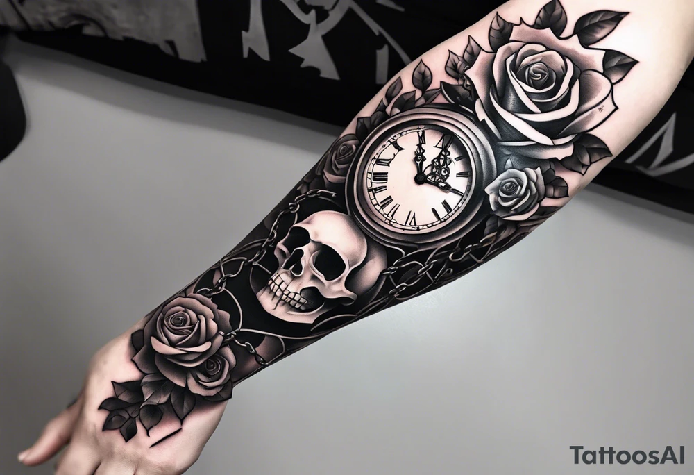 tattoo fool sleeve, tree roots break out of the chains at the bottom of the hand, broken mask, Clock with flying numbers, girl, skull, roses, less shadows tattoo idea