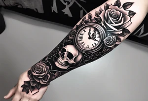 tattoo fool sleeve, tree roots break out of the chains at the bottom of the hand, broken mask, Clock with flying numbers, girl, skull, roses, less shadows tattoo idea