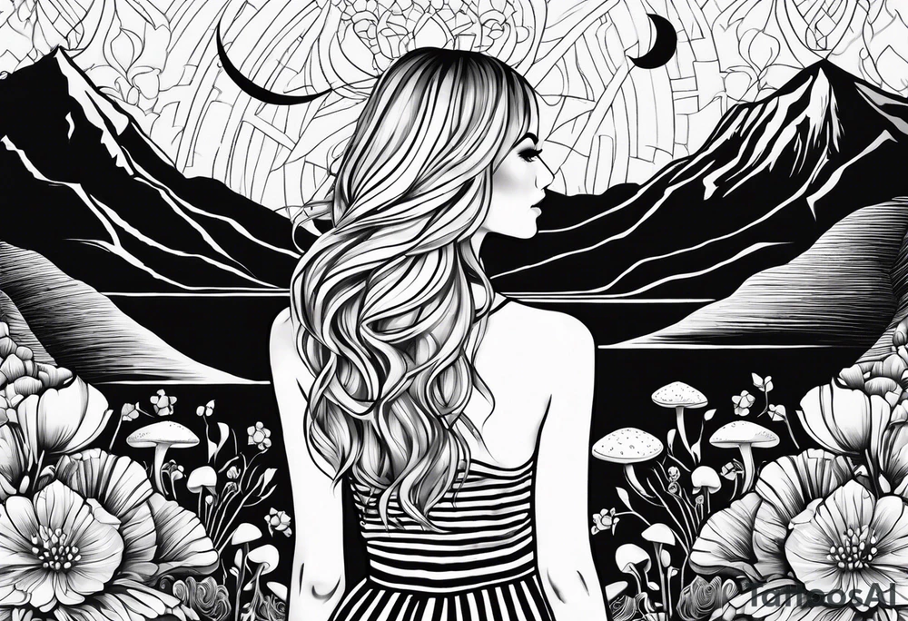Straight blonde hair girl facing away toward mountains surrounded by mushrooms crescent moon mandala circular design black and white striped dress tattoo idea