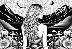 Straight blonde hair girl facing away toward mountains surrounded by mushrooms crescent moon mandala circular design black and white striped dress tattoo idea