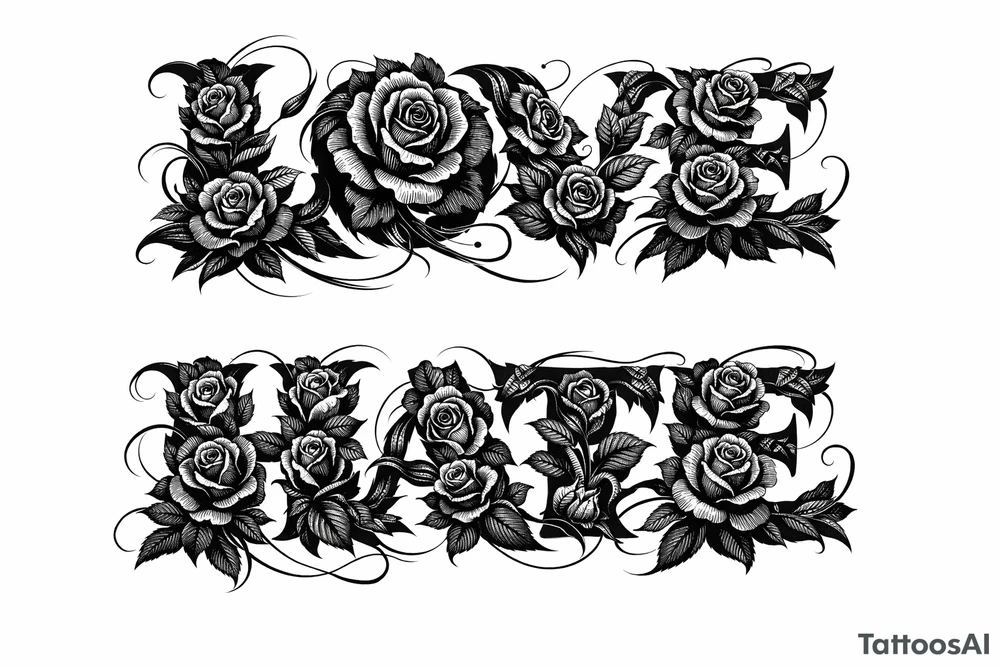 Blooming roses forming the letters of love/hate
delicate script.to much tattoo idea