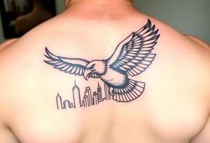 Philadelphia Eagle flying over Philadelphia city skyline faded with a Go Birds under it tattoo idea