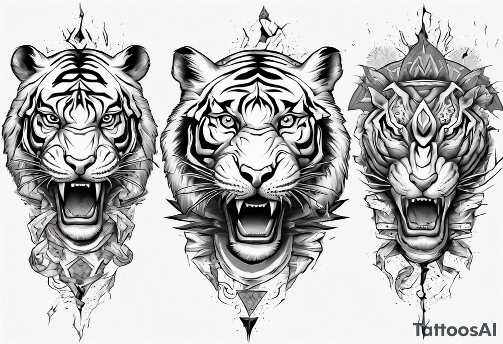 Ancient tiger with lightning and a sun for a forearm sleeve. With patterns surrounding it tattoo idea