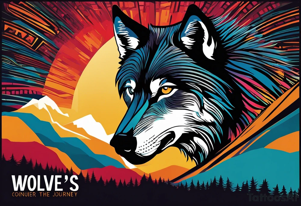 lone wolf traversing a landscape, with sharp lines and vibrant colors symbolizing life's challenges. The wolf's determined gaze reflects resilience and strength, while abstract elements around it represent obstacles overcome. The phrase "Conquer the Journey" in bold, contemporary lettering completes the design, capturing the essence of overcoming life's battles with modern flair. tattoo idea