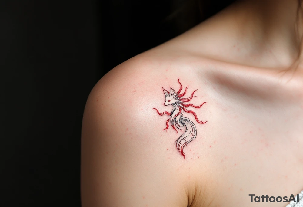 A white kitsune (fox spirit) with red markings and nine flowing tails edged in gold. tattoo idea