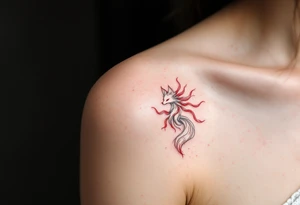 A white kitsune (fox spirit) with red markings and nine flowing tails edged in gold. tattoo idea