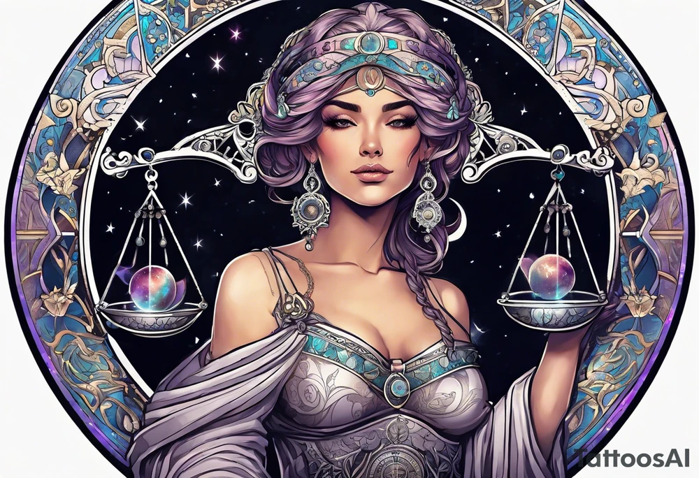 Libra woman holding scales with a night zodiac background including a half moon that encircles half of the woman tattoo idea