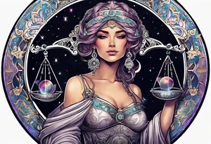 Libra woman holding scales with a night zodiac background including a half moon that encircles half of the woman tattoo idea
