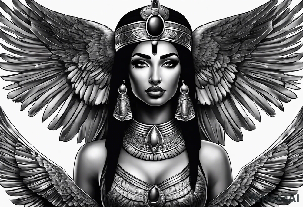 full body 
black and gray photo realistic goddess isis tattoo idea