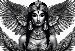 full body 
black and gray photo realistic goddess isis tattoo idea