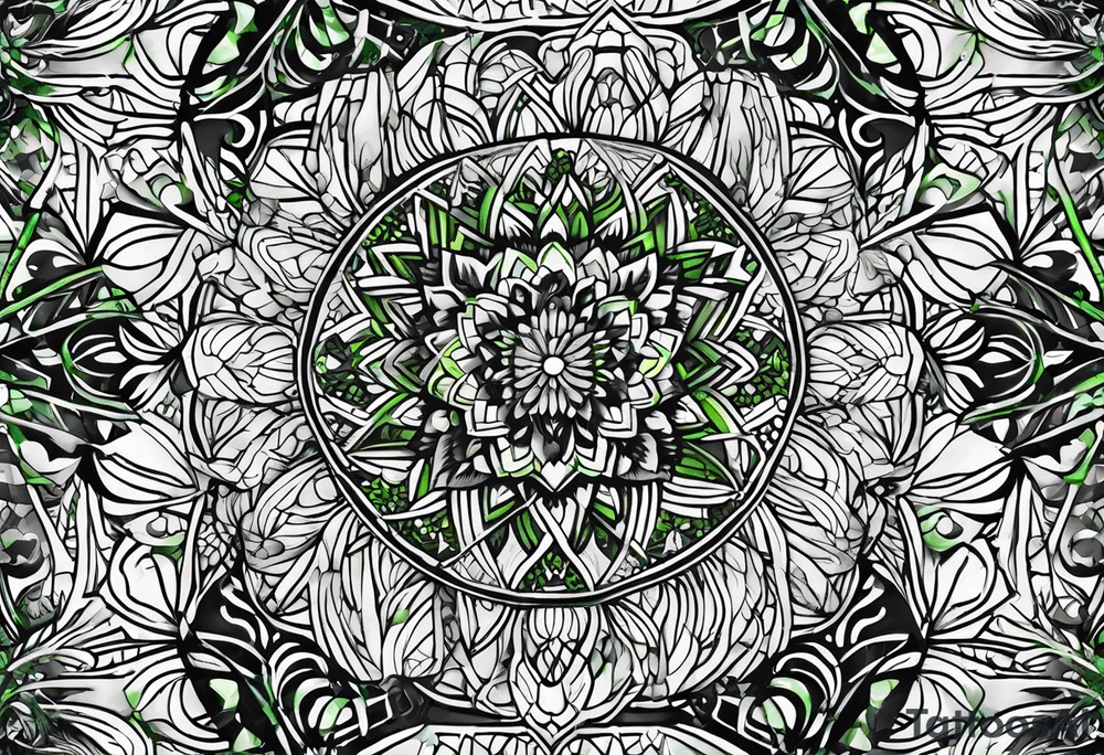 abstract, green and black, covered from wrist to forearm, fully covered, no borders, blackwork, no people tattoo idea