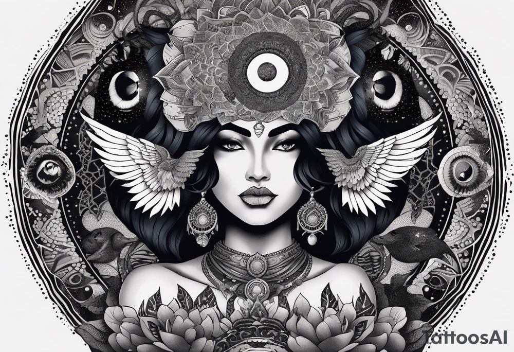 black kali, goddess pirate, alien, angel, pachamama, valkrye, warrior, flying, skull, lotus azul, wing, eagle, zenza resonance, stars, 5D, anahata chakra, death, durga, riding on a tiger, flying lady, kundalini, chest tatoo, samuri, rebel,serpent tattoo idea