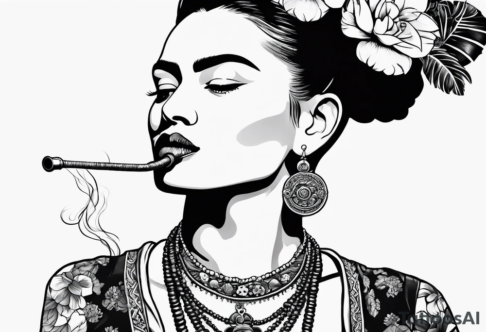 Frida khalo smoking a hookah while carrying a puppy dog tattoo idea