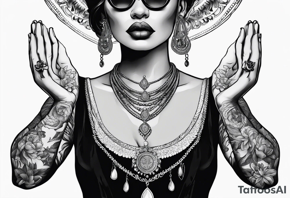 Praying woman with hands holding necklace tattoo idea