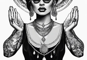 Praying woman with hands holding necklace tattoo idea