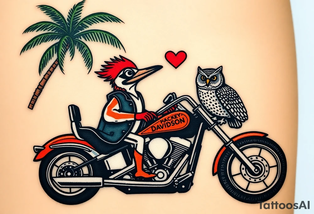 Woody the woodpecker wearing a leather vest that says peckerwoods, on a Harley Davidson under a palm tree, gazing in love at a barn owl tattoo idea