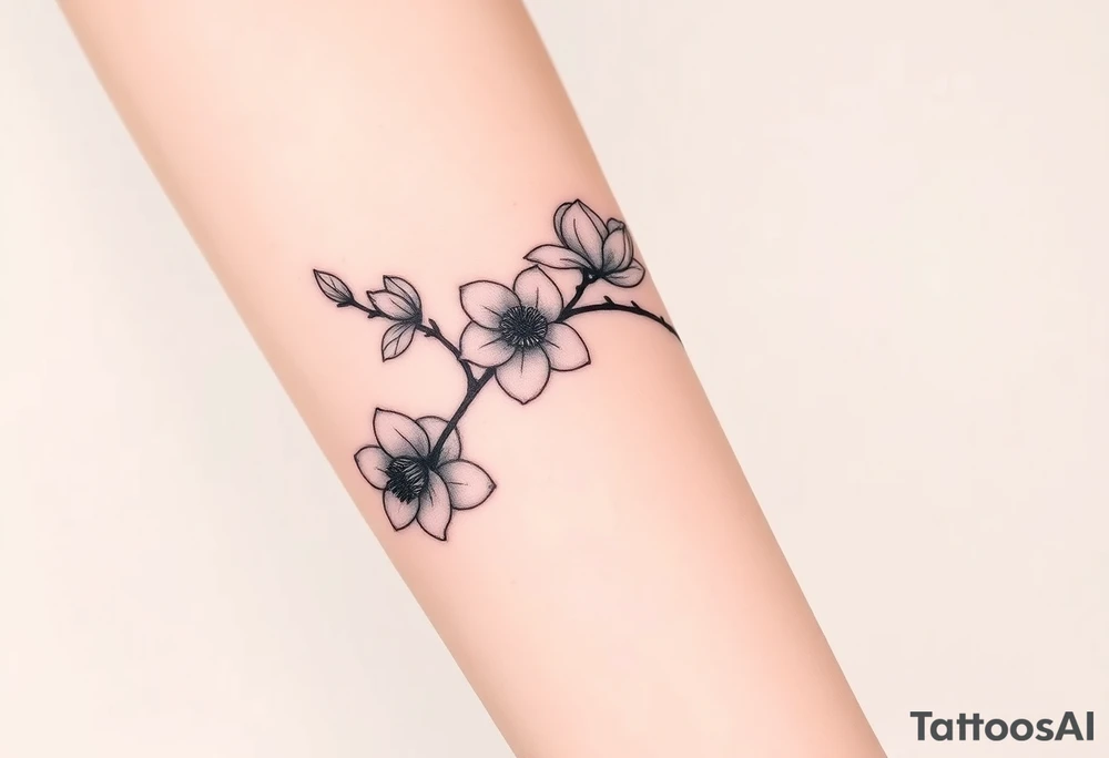 Long branch with magnolia flowers, in different blossom stages with botanical details, lines and dots tattoo idea