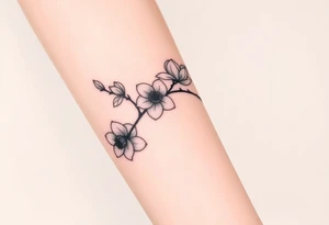 Long branch with magnolia flowers, in different blossom stages with botanical details, lines and dots tattoo idea