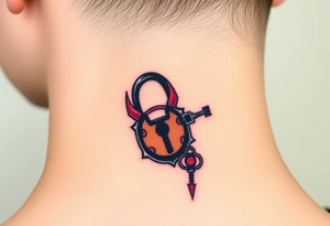 A black and red demonic lock with lockhole and with glowing eyes, with a spiked key floating near it tattoo idea