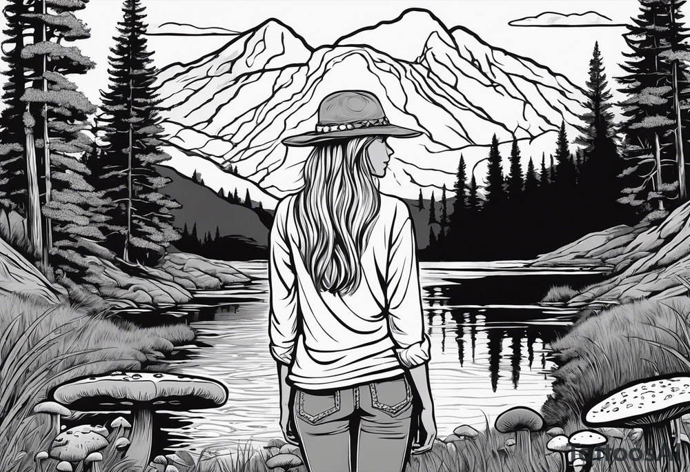 Whole picture encircled fully

Straight long blonde hair hippie girl in distance holding mushrooms in hand facing away toward mountains and creek surrounded by mushrooms long sleeve shirt and hiking pants; whole rendering within a full circle, no cut off circle tattoo idea