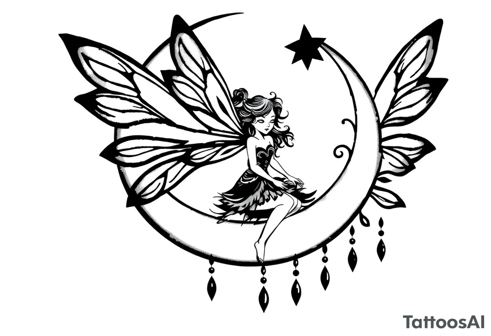 Fairy sitting on moon with dangles solid black tattoo idea