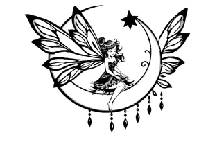 Fairy sitting on moon with dangles solid black tattoo idea