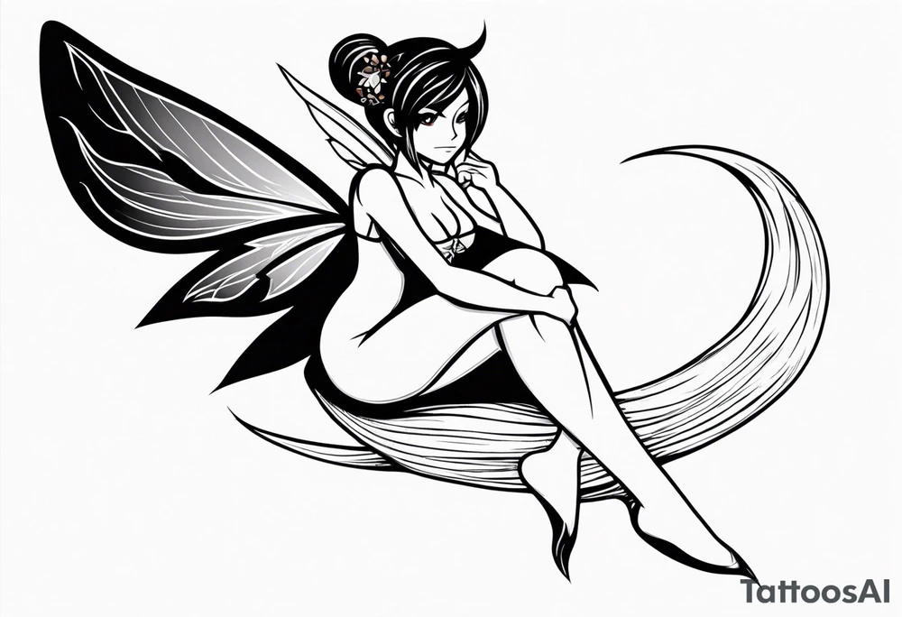 A fairy with a tail inspired by the logo of the show called Fairy Tail in a fetal position leaning in tattoo idea